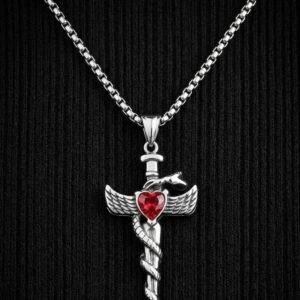 Winged Dagger Heart Cross Necklace