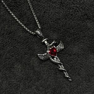 Winged Dagger Heart Cross Necklace
