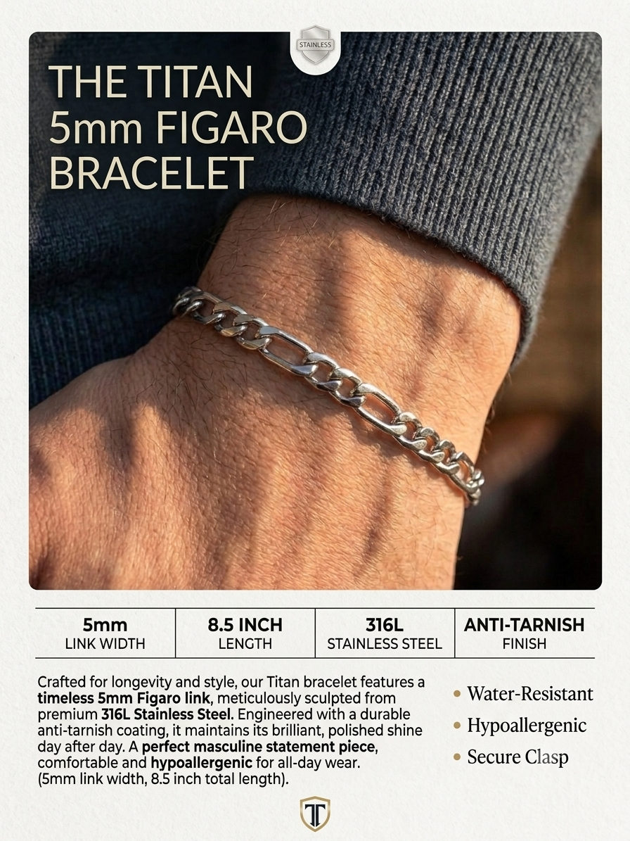 Titan 5MM Figaro Bracelet – Stainless Steel | Anti-Tarnish | 8.5 Inches
