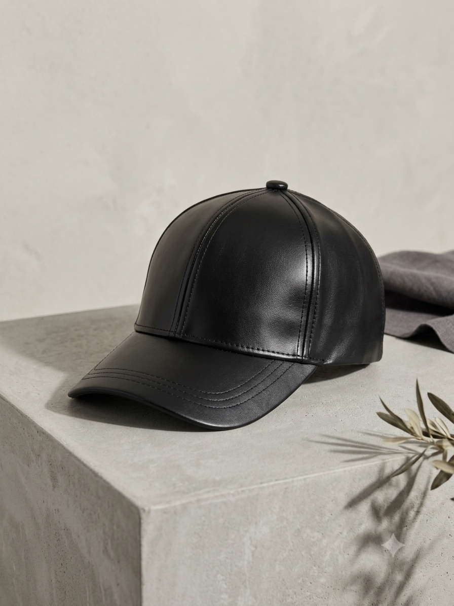 Matte Black Faux Leather Baseball Cap | Minimalist Adjustable Strapback