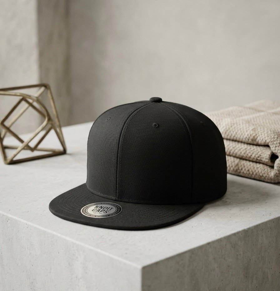 All-Black Structured Snapback Cap | Blank Streetwear Flat Brim Hat