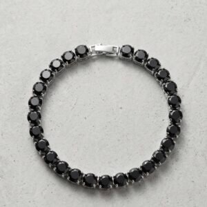 5mm Round Black Stone Tennis Bracelet (18cm Total Length) – Polished Fold-Over Snap Clasp