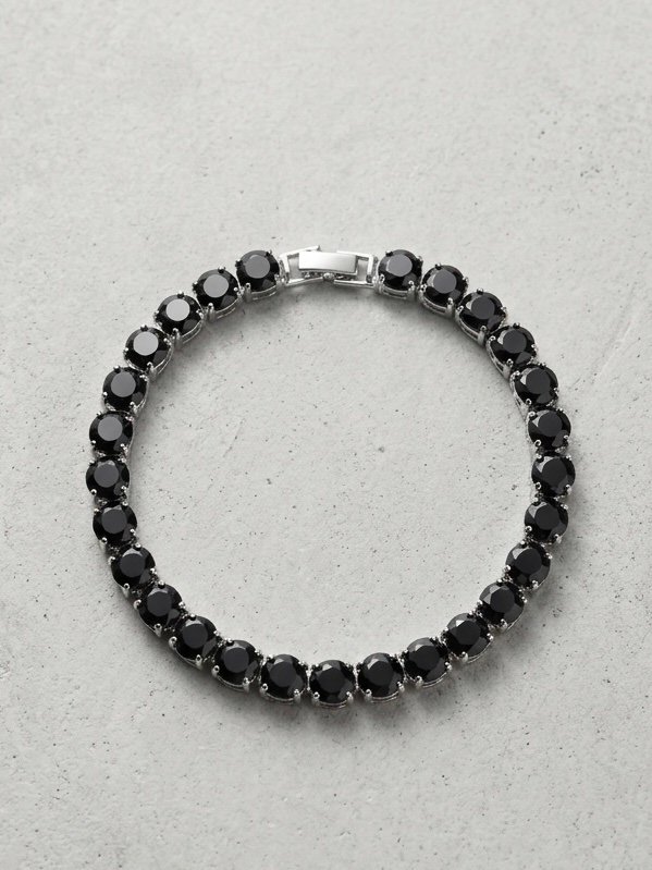 5mm Round Black Stone Tennis Bracelet (18cm Total Length) – Polished Fold-Over Snap Clasp