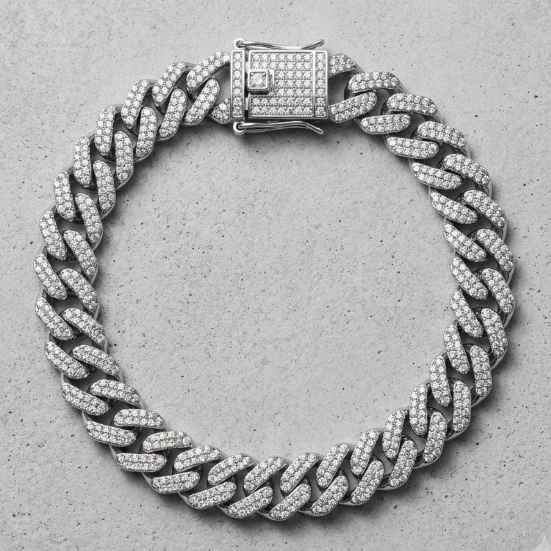 Heavyweight Iced Out Prong Cuban Link Bracelet (14 mm Wide, 22cm Length) – Double-Safety Box Clasp