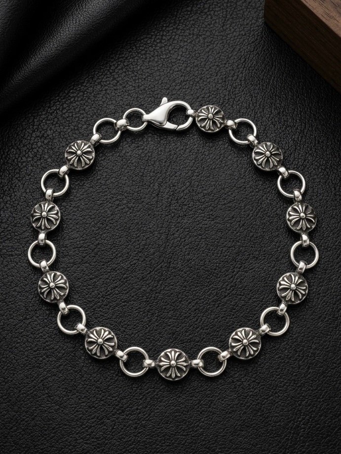 Punk Rock Vintage Cross Ball Link Chain Bracelet for Men, Antique Silver Finish with Lobster Clasp – 21cm (8mm Width)