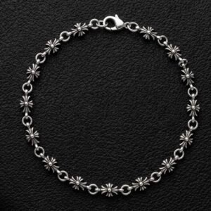 Gothic Floral Cross Link Chain Bracelet in Antiqued Silver