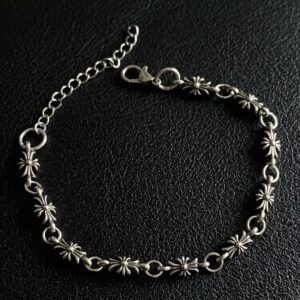 Gothic Floral Cross Link Chain Bracelet in Antiqued Silver