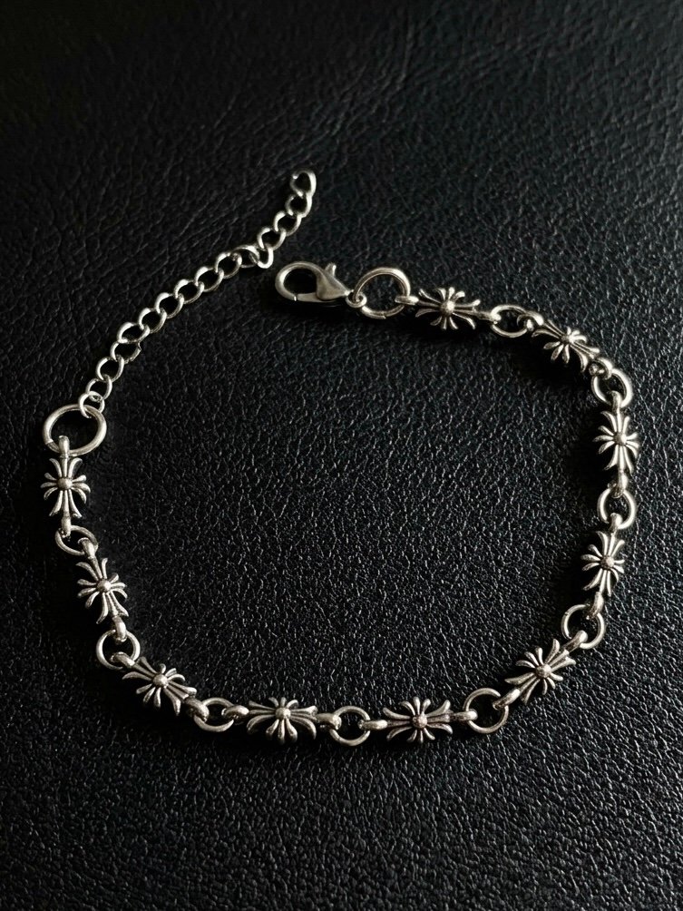 Gothic Floral Cross Link Chain Bracelet in Antiqued Silver