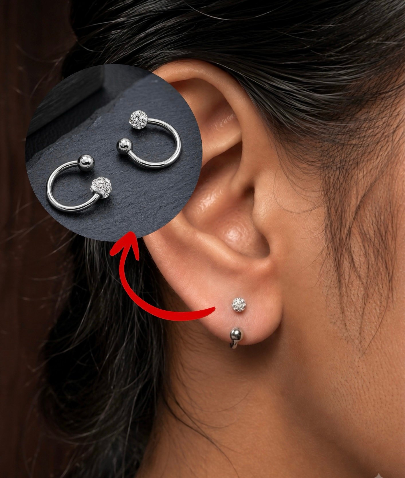 Stainless Steel Horseshoe Circular Barbell with Crystal Ball