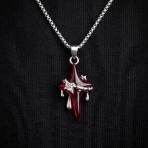Y2K Liquid Star Cross Necklace – Ruby Red Resin & Silver Drip Pendan