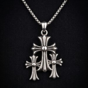 Triple Gothic Cross Pendant Necklace in Polished Silver