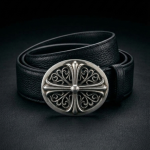 Gothic Oval Floral Cross Buckle Belt in Matte Black (36mm)