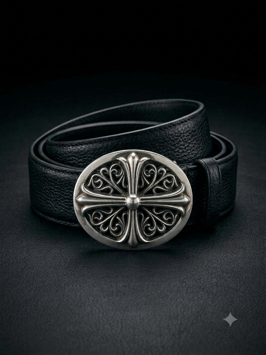 Gothic Oval Floral Cross Buckle Belt in Matte Black (36mm)