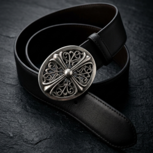 Gothic Oval Floral Cross Buckle Belt in Matte Black (36mm)