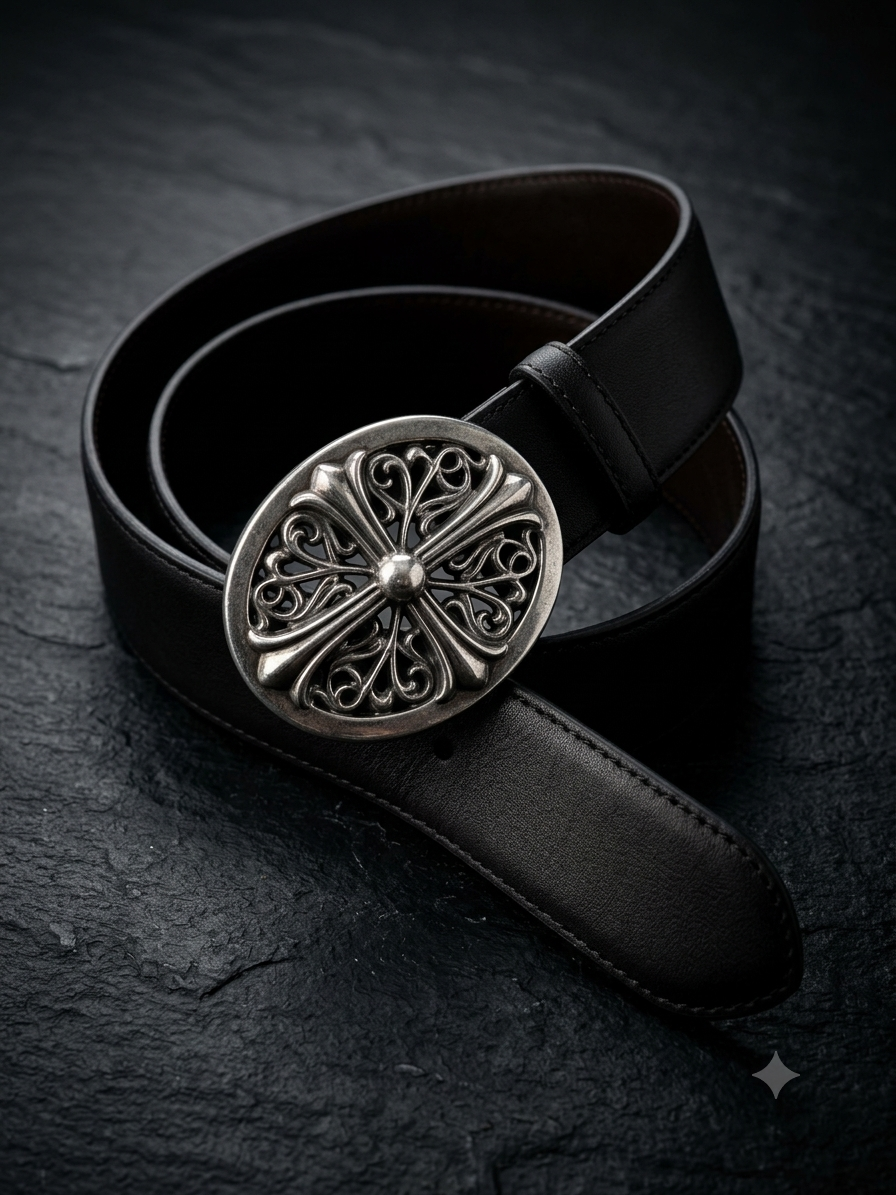Gothic Oval Floral Cross Buckle Belt in Matte Black (36mm)
