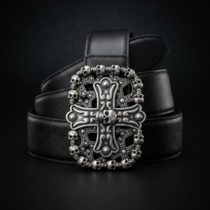 Gothic Filigree Cross & Skull Buckle Belt in Matte Black (36mm)