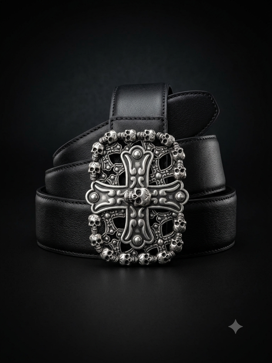 Gothic Filigree Cross & Skull Buckle Belt in Matte Black (36mm)