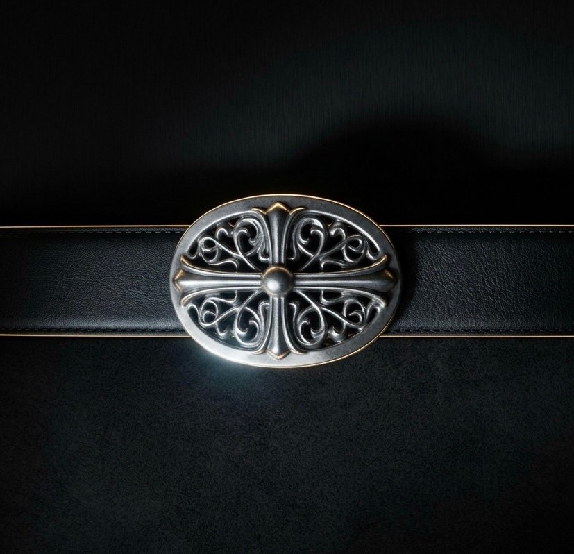 Gothic Oval Floral Cross Buckle Belt in Matte Black (36mm)