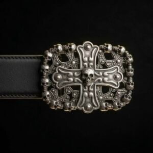 Gothic Filigree Cross & Skull Buckle Belt in Matte Black (36mm)