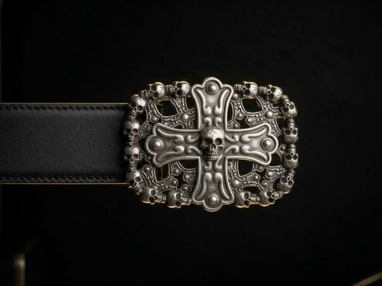 Gothic Filigree Cross & Skull Buckle Belt in Matte Black (36mm)