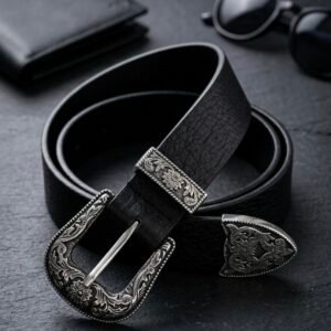 Western Engraved 3-Piece Buckle Genuine Leather Belt in Black (36mm)