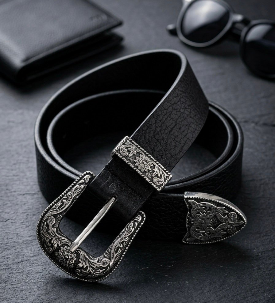 Western Engraved 3-Piece Buckle Genuine Leather Belt in Black (36mm)