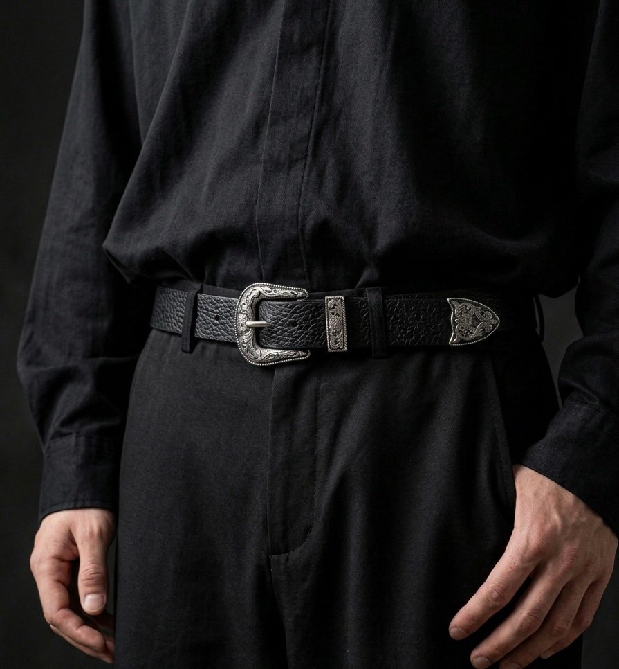 Western Engraved 3-Piece Buckle Genuine Leather Belt in Black (36mm)